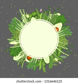 Green vegetables and verdure background - template for banner. Healthy organic food concept. Hand-drawn illustration design for restaurant menu or market porter. Vegetarian and low calories nutrition