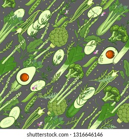 Green vegetables and verdure background - template for banner. Healthy organic food concept. Hand-drawn illustration design for restaurant menu or market porter. Vegetarian and low calories nutrition