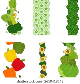Green vegetables vertical border set. Vector flat Organic and healthy food. Flat style, vector illustration for package, kitchen design, fabric and textile. Eat green


