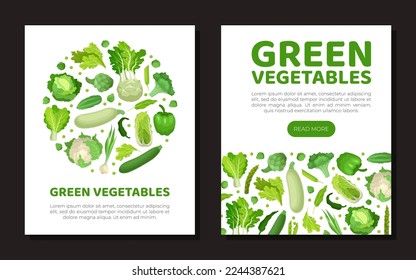 Green vegetables web banner and card templates set. Natural organic farm products landing page, promotional leaflet cartoon vector