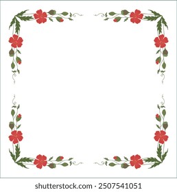 Green vegetal floral frame with leaves and red poppy flowers, decorative corners for greeting cards, banners, business cards, invitations, menus. Isolated vector illustration.	
