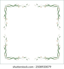 Green vegetal floral frame with leaves and beige flowers, decorative corners for greeting cards, banners, business cards, invitations, menus. Isolated vector illustration.	
