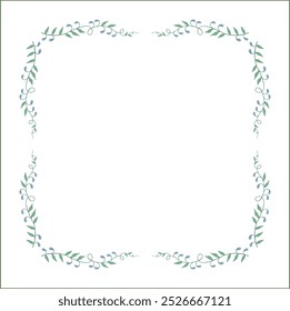 Green vegetal floral frame with leaves and blue flowers, decorative corners for greeting cards, banners, business cards, invitations, menus. Isolated vector illustration.	
