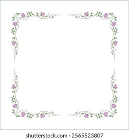 Green vegetal frame with light purple rose flowers, rose thorns, climbing, decorative corners for greeting cards, banners, business cards, invitations, menus. Isolated vector illustration.	