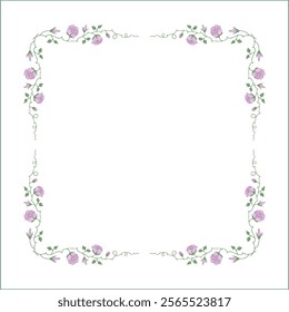 Green vegetal frame with light purple rose flowers, rose thorns, climbing, decorative corners for greeting cards, banners, business cards, invitations, menus. Isolated vector illustration.	