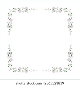 Green vegetal frame with light purple rose flowers, rose thorns, climbing, decorative corners for greeting cards, banners, business cards, invitations, menus. Isolated vector illustration.	