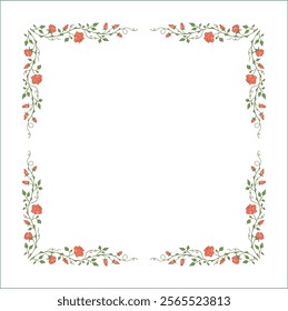 Green vegetal frame with orange rose flowers, rose thorns, climbing, decorative corners for greeting cards, banners, business cards, invitations, menus. Isolated vector illustration.	