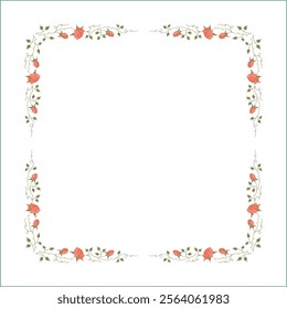 Green vegetal frame with pink orange flowers, rose thorns, climbing, decorative corners for greeting cards, banners, business cards, invitations, menus. Isolated vector illustration.	
