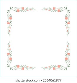 Green vegetal frame with pink rose flowers, rose thorns, climbing, decorative corners for greeting cards, banners, business cards, invitations, menus. Isolated vector illustration.	
