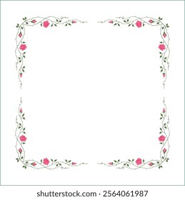 Green vegetal frame with pink rose flowers, rose thorns, climbing, decorative corners for greeting cards, banners, business cards, invitations, menus. Isolated vector illustration.	
