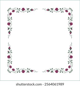 Green vegetal frame with pink rose flowers, dusty roses, rose thorns, climbing, decorative corners for greeting cards, banners, business cards, invitations, menus. Isolated vector illustration.	
