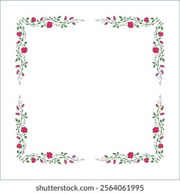 Green vegetal frame with pink rose flowers, rose thorns, climbing, decorative corners for greeting cards, banners, business cards, invitations, menus. Isolated vector illustration.	
