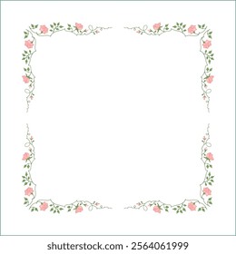 Green vegetal frame with pink rose flowers, rose thorns, climbing, decorative corners for greeting cards, banners, business cards, invitations, menus. Isolated vector illustration.	
