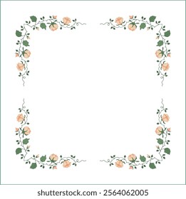 Green vegetal frame with pink rose flowers, rose thorns, climbing, decorative corners for greeting cards, banners, business cards, invitations, menus. Isolated vector illustration.	
