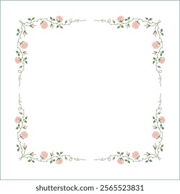 Green vegetal frame with pink rose flowers, rose thorns, climbing, decorative corners for greeting cards, banners, business cards, invitations, menus. Isolated vector illustration.	