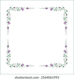 Green vegetal frame with purple rose flowers, rose thorns, climbing, decorative corners for greeting cards, banners, business cards, invitations, menus. Isolated vector illustration.	
