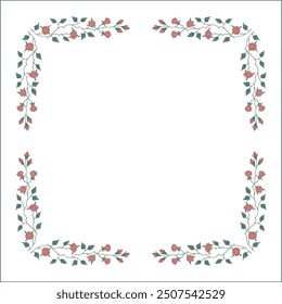 Green vegetal frame with red rose flowers, decorative corners for greeting cards, banners, business cards, invitations, menus. Isolated vector illustration.	
