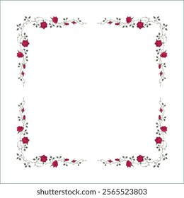 Green vegetal frame with red rose flowers, rose thorns, climbing, decorative corners for greeting cards, banners, business cards, invitations, menus. Isolated vector illustration.	