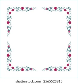 Green vegetal frame with ruby rose flowers, rose thorns, climbing, decorative corners for greeting cards, banners, business cards, invitations, menus. Isolated vector illustration.	