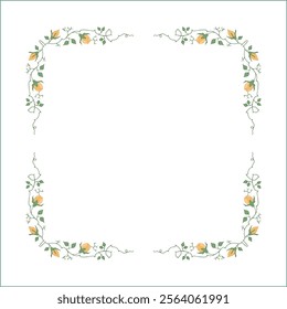 Green vegetal frame with yellow rose flowers, rose thorns, climbing, decorative corners for greeting cards, banners, business cards, invitations, menus. Isolated vector illustration.	
