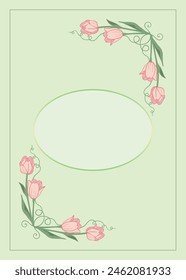Green vegetal greeting card with pink tulips, greeting card layout.	