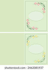 Green vegetal greeting card with pink and yellow tulips, greeting card layout.	
