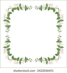 Green vegetal ornamental frame with leaves and red flowers, decorative border, corners for greeting cards, banners, business cards, invitations, menus. Isolated vector illustration.