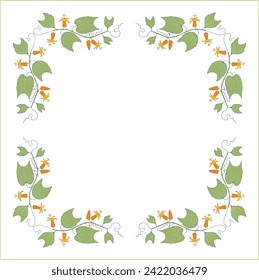 Green vegetal ornamental frame with leaves and red flowers, decorative border, corners for greeting cards, banners, business cards, invitations, menus. Isolated vector illustration.