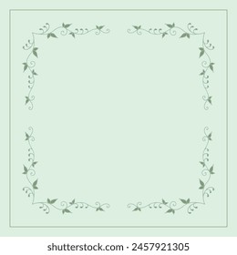 Green vegetal ornamental frame with leaves and green background, decorative border, corners for greeting cards, banners, business cards, invitations, menus. Isolated vector illustration.	
