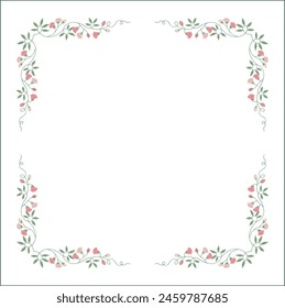 Marco verde vegetal ornamental con hojas y flores rosas, borde decorativo, rincones para tarjetas de felicitación, Anuncios, tarjetas de visita, invitaciones, menús. Ilustración vectorial aislada.	
