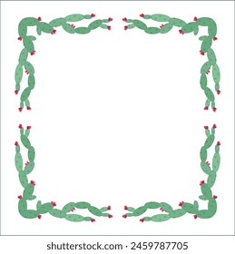 Green vegetal ornamental frame with opuntia leaves and fruits, decorative border, corners for greeting cards, banners, business cards, invitations, menus. Isolated vector illustration.	
