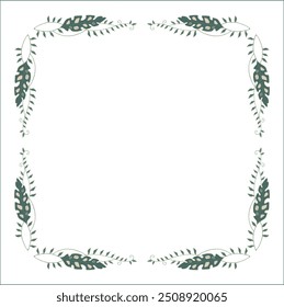 Green vegetal ornamental frame with tropical leaves, decorative border, corners for greeting cards, banners, business cards, invitations, menus. Isolated vector illustration.	
