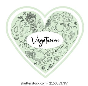 Green vegetarian heart. Fruit and vegetables: apple, pineapple, kiwi, melon, avocado, cucumber, nuts, berries, grape, spinach, asparagus.