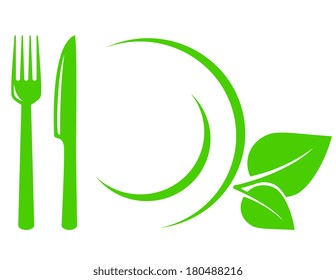 green vegetarian icon with leaves, fork, knife and plate