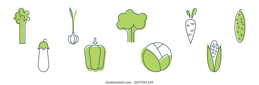 Green Veggie and Vegetable Line Icon Vector Set