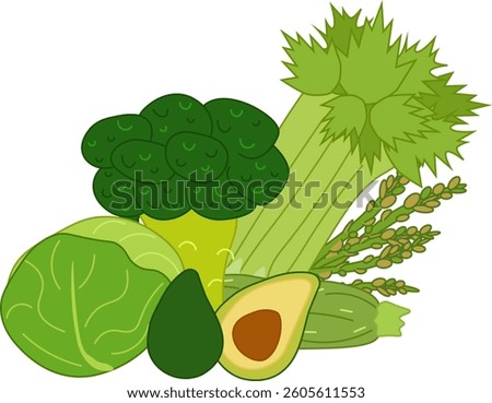 Green veggies composition broccoli, avocado, cabbage, zucchini, illustration with vegetables isolated on white background. Vector flat food set for your design. For logo, package, sticker. Eat green
