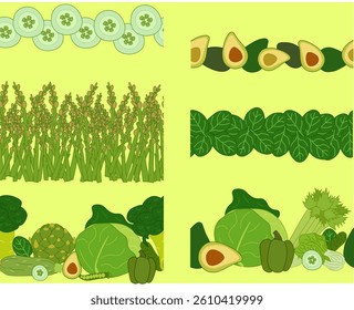 Green veggies Horizontal border consisted of fresh vegetable set. Vector flat illustration. Banner, poster, wrapping paper, sticker, print, modern textile design. Eat green

