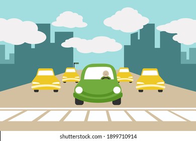 Green vehicle or eco-friendly electric car. Alternative fuel and sustainable energy concept. Harmful toxic air pollution. Vehicle emissions control. Happy driver against traffic jams on the city road.
