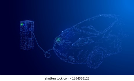 Green vehicles. Blue polygonal electro car with electro station on blue technology background. Technology innovation in car industry and transportation. Low poly wireframe digital vector illustration.