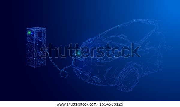 Green vehicles. Blue polygonal electro car\
with electro station on blue technology background. Technology\
innovation in car industry and transportation. Low poly wireframe\
digital vector\
illustration.