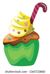 Green velvet cupcake with candy cane as a decoration illustration vector on white background
