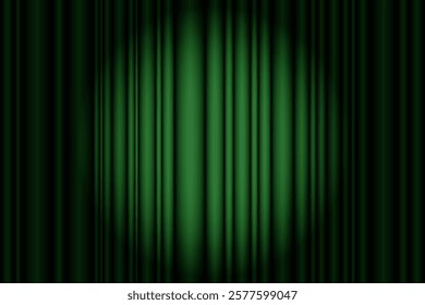 Green velvet curtain on stage. Closed curtain in circus, theater or cinema. Background with spotlight. Vector illustration