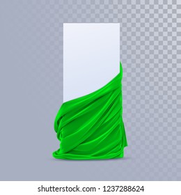 Green velvet fabric with paper banner. Decoration element for design. Vector realistic illustration. Realistic textile with folds and drapes isolated on transparent background