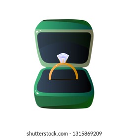 Green Velvet Opened Gift Box with Diamond Ring, Square Shaped Jewelry Case Vector Illustration