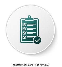 Green Verification of delivery list clipboard and pen icon isolated on white background. White circle button. Vector Illustration