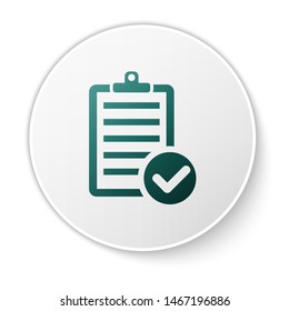Green Verification of delivery list clipboard and pen icon isolated on white background. White circle button. Vector Illustration