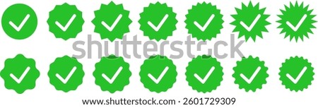 Сollection of green verified checkmark badges in different styles. Suitable for certification, trusted brands, and security authentication