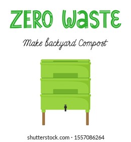 Vermicomposter verde, ilustración conceptual de basura cero con inscripción manuscrita "Desperdicios cero, hacer compost de patio trasero" Aislado en fondo transparente.