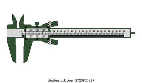 Green vernier caliper precision measuring instrument with dual scales for accurate length and width measurements.