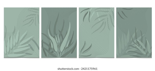 Fundas verticales verdes A4 con hojas verdes en forma de doodle plano. Afiches de hojas estrechas de color verde oscuro para diseño de cubiertas. Ilustración de estilo elegante. Aislado sobre fondo blanco.